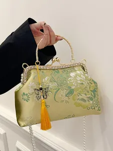 Sac à Main en Satin Broderie Florale Style Chinois Vintage Bandoulière Chaîne de Künstliche Perles Fermoir en Strass Soirée pour Femmes