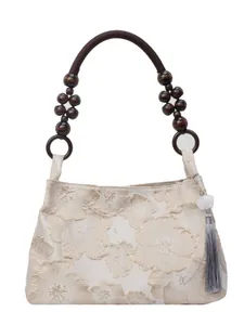 Elegante borsa a mano vintage crema con ricami floreali e manici in perline di legno