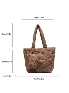 Quilted brown tote bag with floral embroidery and size dimensions on white background