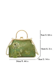 Sac à main brodé floral vert avec poignée dorée et sangle perle avec dimensions