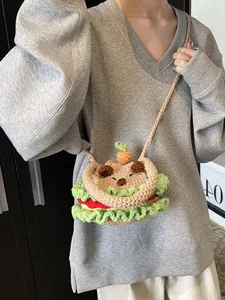 Handmade crochet bear hamburger crossbody bag with layered colors for women and kids
