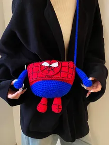 Cute handmade crochet Spider-Man themed bucket bag for kids with red and blue woven patterns