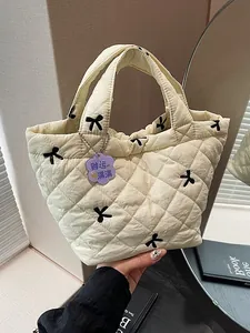 Korean Style Bow Quilted Handbag For Women Fashion Rhombus Embroidery Tote Bag Simple Nylon Daily Handheld Bucket Bag