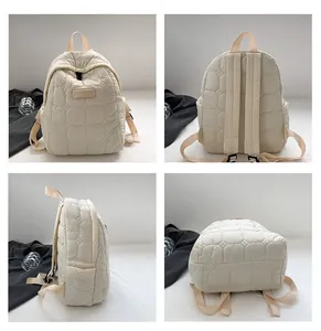 Detailed views of beige quilted puffer backpack showing front, back and side perspectives