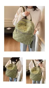 Detailed views of a green quilted backpack featuring white bow patterns and dual pockets