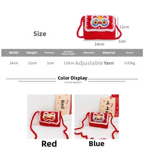Detailed size chart for handmade woven lion dance mini crossbody bags in red and blue