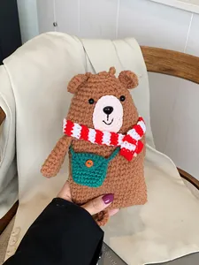 Handmade Crochet Bear Crossbody Bag For Kids Women Cartoon Knitted Small Shoulder Bag Animal Style Mobile Phone Bag Gift
