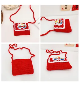 Detailed four-way view of a handmade red woven lion dance crossbody bag for kids