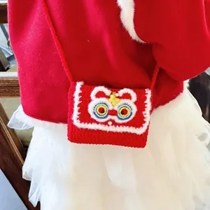 Mini red knitted lion dance crossbody bag for kids festive Chinese New Year accessory