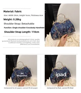 Ethnic shell bag with blue floral brocade showing dimensions 29x16x8cm and chain detail