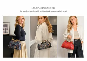 Detailed views of the embroidered silk handbag as shoulder, crossbody and handheld bag