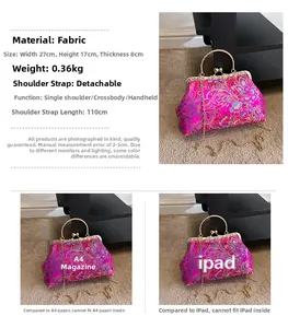 Detailed view of embroidery patterns and dimensions for fuchsia silk handbag