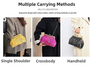 Chinese embroidery handbag shown in shoulder, crossbody and handheld wearing styles