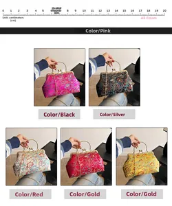 Detail view of embroidered silk handbags with metal ring handles in five vibrant colors