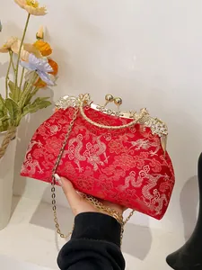 Vintage Chinese Style Dragon Embroidery Evening Bag Satin Jacquard Metal Handle Rhinestone Clutch For Wedding Party Women