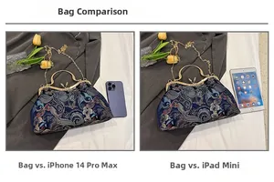 Size comparison of the shell-shaped handbag with iPhone 14 Pro Max and iPad mini