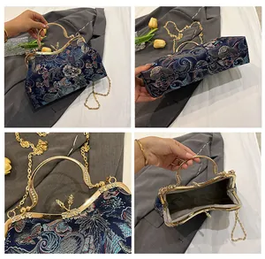 Detailed views of navy blue embroidered shell bag with floral patterns and gold chain