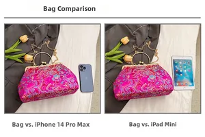 Size comparison of embroidered silk handbag with iPad mini and iPhone 14 Pro Max