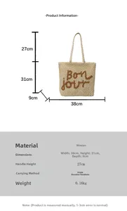 Size chart showing large straw tote dimensions 38x31x9cm with Bonjour embroidery detail