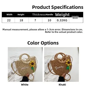 Detailed size specifications of woven straw handbag with sunflower and Goodday embroidery