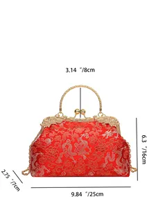 Red vintage evening bag with gold embroidery and dimensions 25x16x7cm