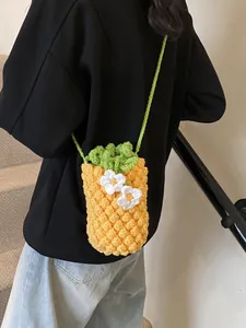 Handmade Crochet Pineapple Crossbody Bag For Kids Women Cute Knitted Mini Drawstring Bucket Bag Fruit Shaped Accessory