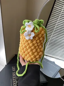 Handmade crochet pineapple shoulder bag for women and kids with 3D texture and floral drawstring