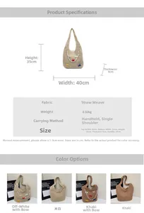 Macro detail showing woven straw tote bag dimensions 35x40x9cm with handle height 34cm