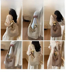 Detail shots showing spacious straw tote bag with bow accent in beige and brown