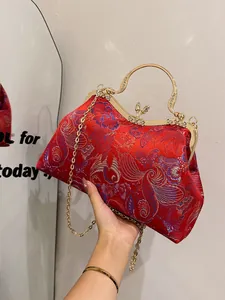 Vintage Chinese Style Brocade Evening Bag Embroidery Shell Handbag With Metal Chain Rhinestone Butterfly Lock Luxury Clutch