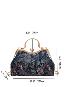 New Chinese style shell bag with floral jacquard, chain strap, and detailed size guide