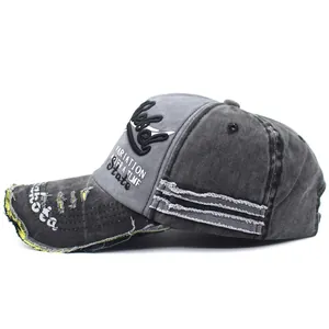 Vintage washed grey denim baseball cap with distressed brim and 3D letter embroidery