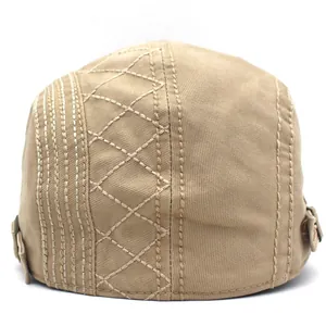 Béret classique en coton kaki pour hommes avec surpiqûres losanges et boucle en métal