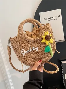 Women Straw Woven Handbag Sunflower Decoration Goodday Embroidery Crossbody Beach Vacation Shoulder Bag Round Handle