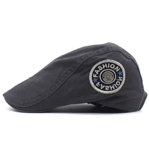 Men's dark grey cotton flat cap with fashion star embroidery patch on the side
