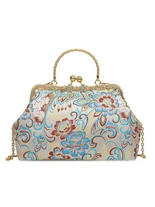New Chinese style embroidered handbag with floral pattern and golden metal chain handle