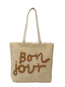 Chic hollow straw tote bag with brown bonjour embroidery for summer beach vacations