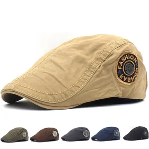 Men's Vintage Washed Cotton Newsboy Cap Adjustable Flat Cap Ivy Cap Fashion Embroidered Patch Beret Hat For Casual Outdoor