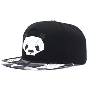 Black snapback hat with geometric origami panda patch and camo print brim for men and women