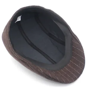 Thick autumn winter men's beret cap with dark brown pinstripe pattern and warm lining
