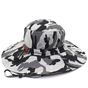 Cotton camouflage bucket hat with wide brim and adjustable chin strap for outdoors
