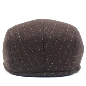 Brown wool flat cap for men with striped stitching and curved brim for autumn winter