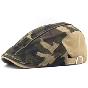 Men's camouflage cotton flat cap with side panels and adjustable metal buckle for outdoors