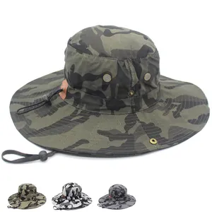 Camouflage Boonie Hat Cotton Wide Brim Outdoor Fishing Hat With Adjustable Wind Cord Breathable Holes For Men Women Camping