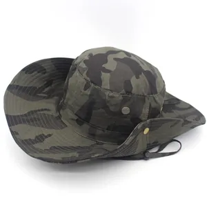 Outdoor jungle camo wide brim boonie hat with adjustable chin strap and side vents