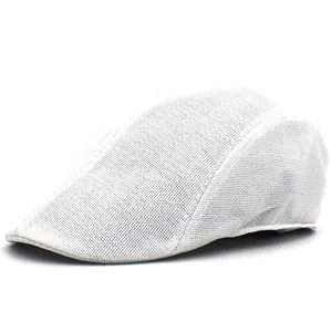 Detail of white mesh flat cap showing breathable fabric texture and classic side profile