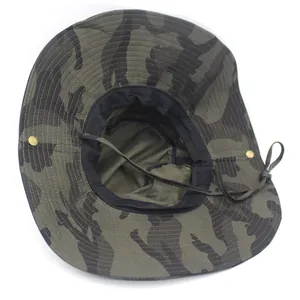 Outdoor cotton camouflage bucket hat with wide brim and adjustable chin strap