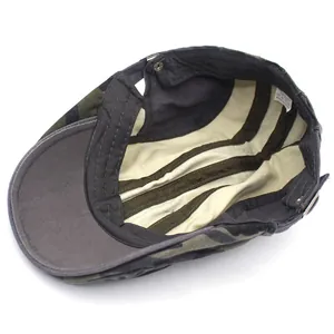 Men's camouflage beret with washed cotton flat top and adjustable metal buckle back