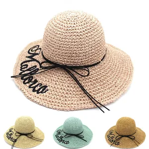 Women Raffia Straw Sun Hat Summer Outdoor Sun Protection Wide Brim Fashion Letter Embroidery Mallorca Beach Travel Shade Hat