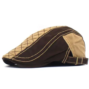 Classic cotton flat cap with khaki brown patchwork and quilted plaid stitching pattern